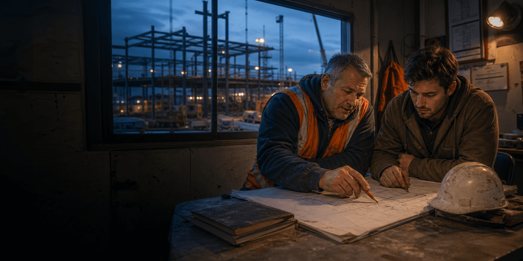 An older superintendent and a young superintendent reviewing construction drawings in a site trailer office at dusk.